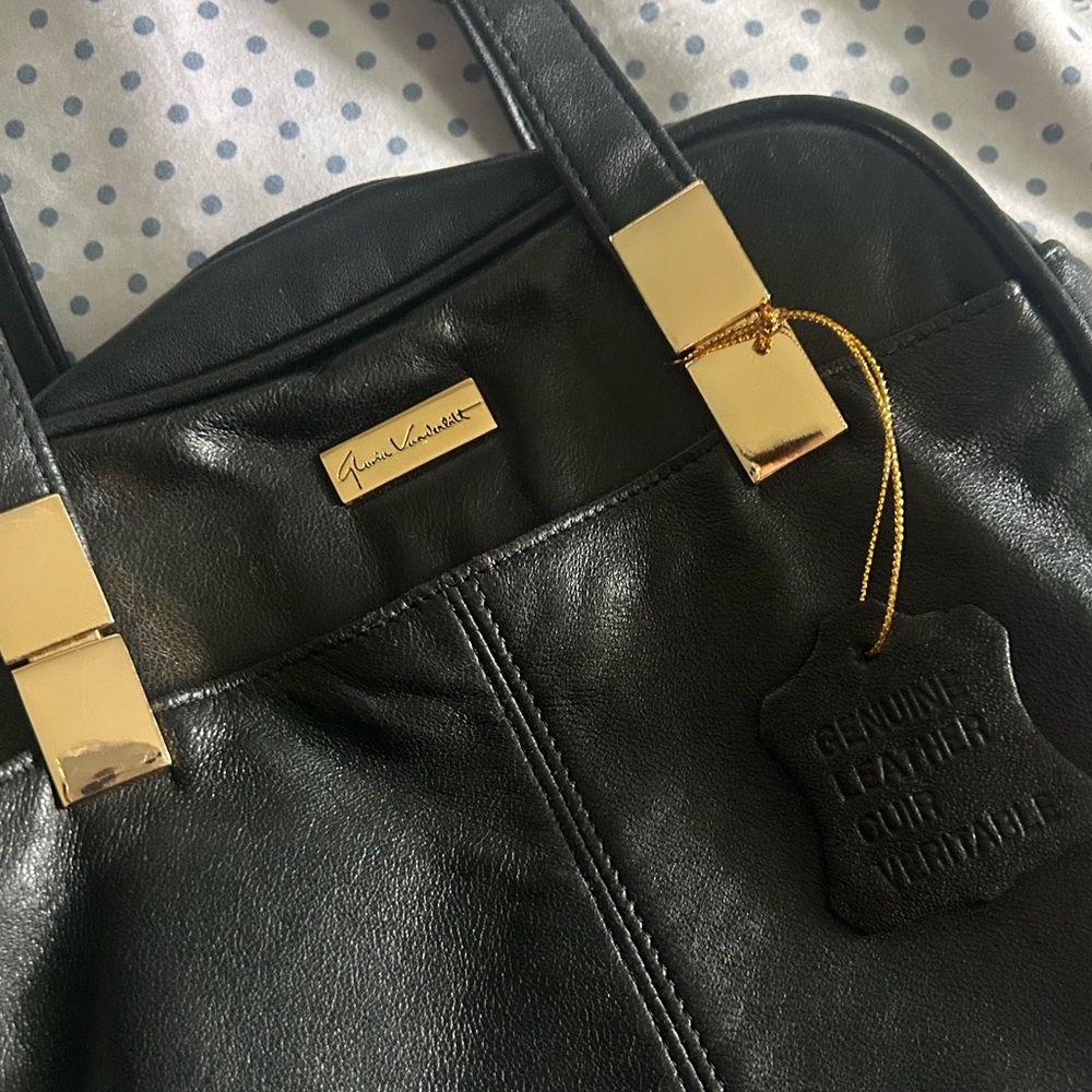 Gloria Vanderbilt Black Leather Shoulder Bag with Gold Accents